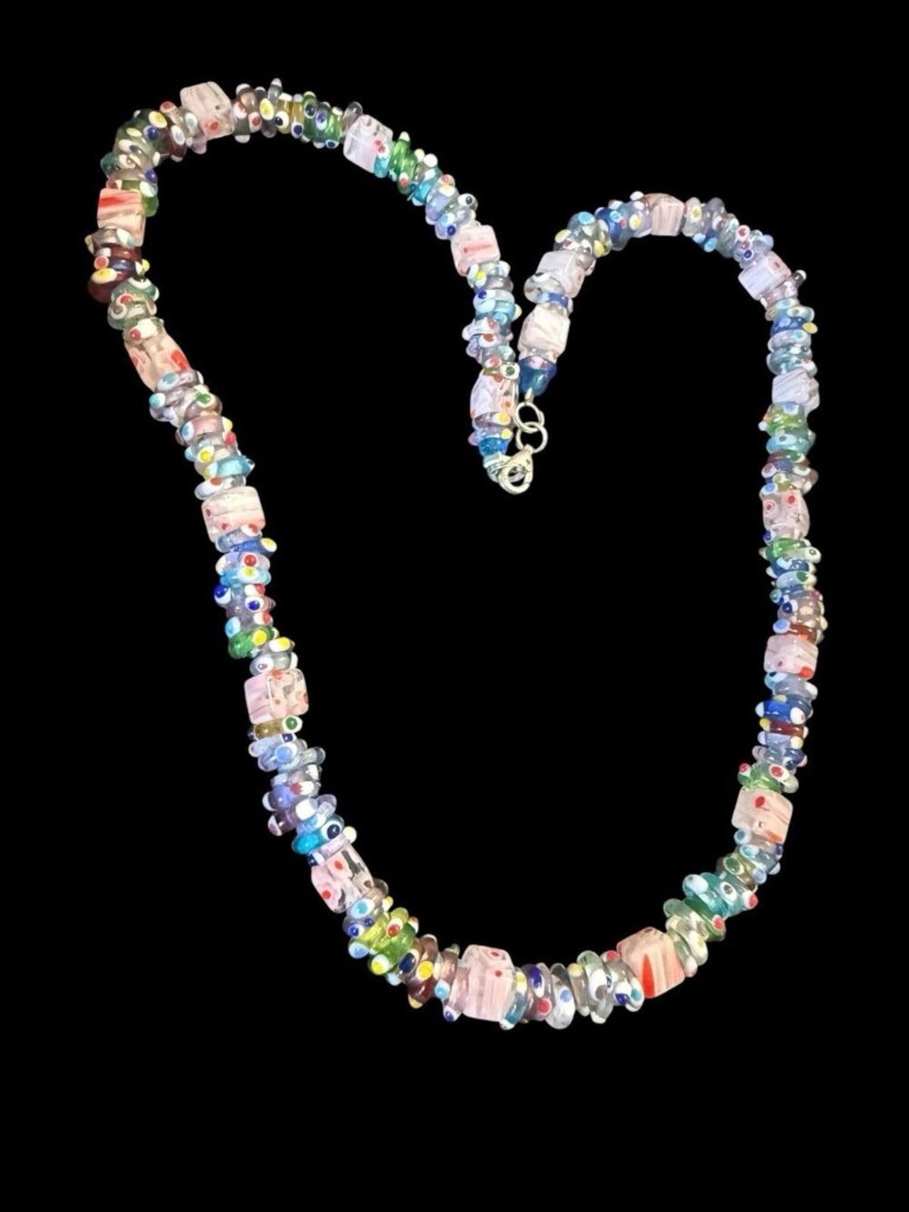 Vintage 925 Sterling Silver Murano Millefiori Evil Eye Glass Bead Necklace - Picture 3 of 6